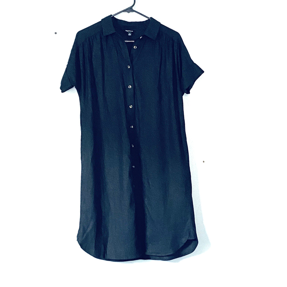 Well Worn Shirt Dress Small Black Linen Viscose Short Shift Minimalist